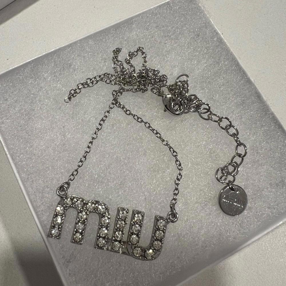 MIU MIU Silver “Miu” Crystal Logo Charm Nameplate Statement Necklace
